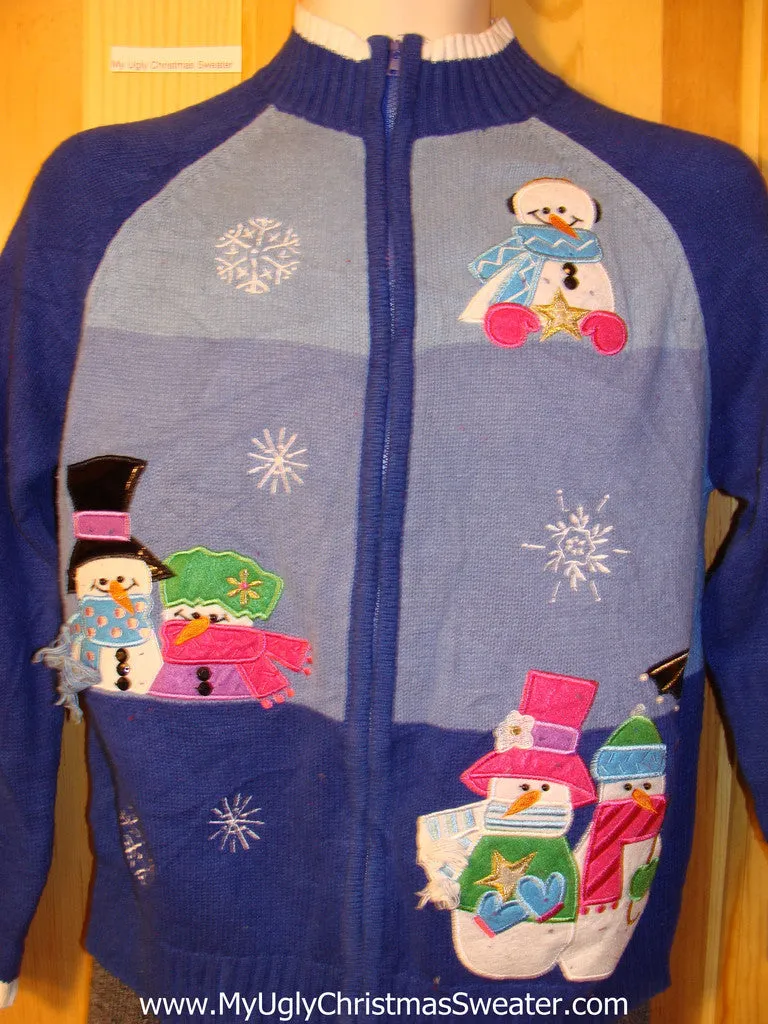 Tacky Cheap Ugly Christmas Sweater with Festive Colorful Snowmen (f696)
