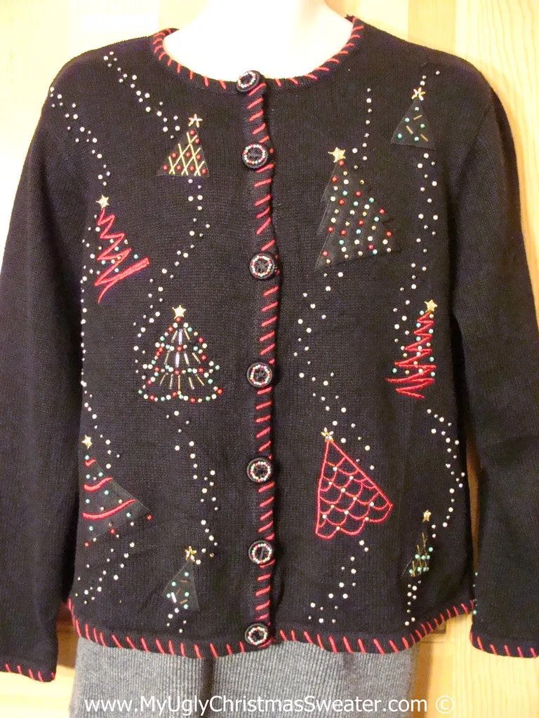 Tacky Christmas Sweater Party Ugly Sweater with Bead Bling Trees (f975)