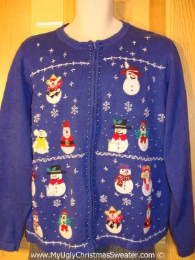 Tacky Christmas Sweater Party Ugly Sweater with Snowman Friends and Bling Accents (f983)