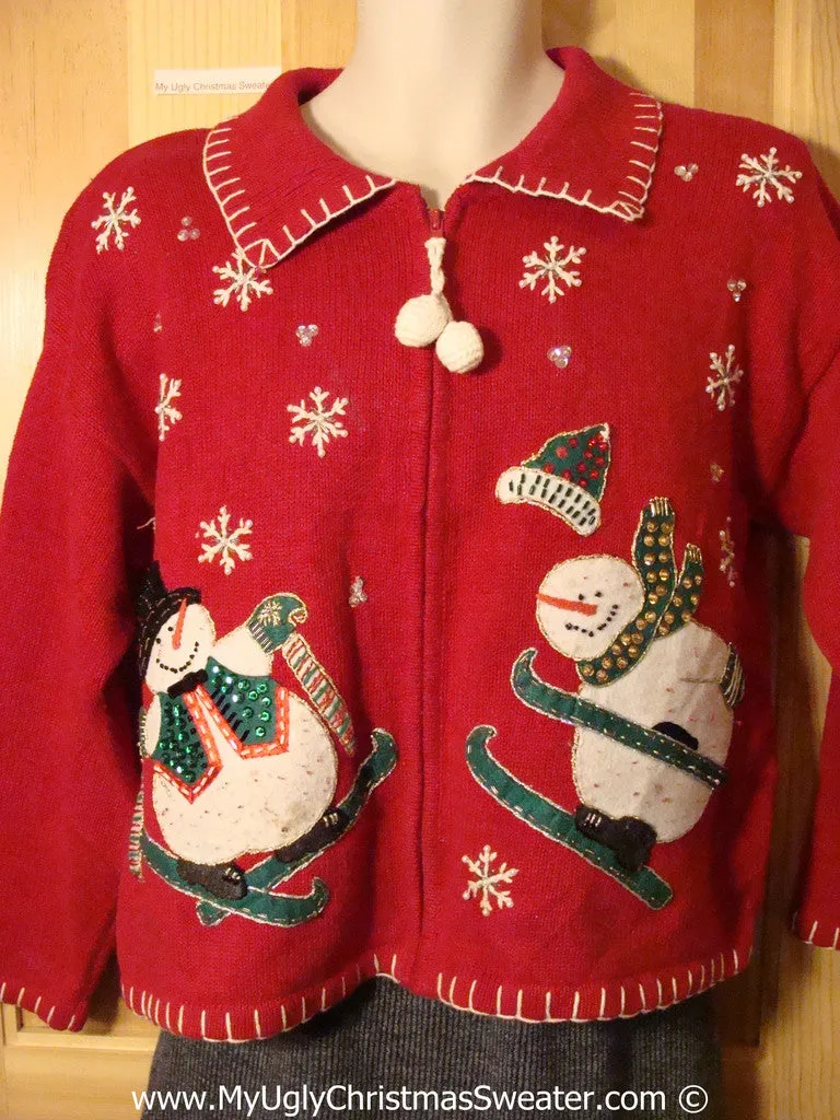 Tacky Ugly Christmas Sweater with Skiing Snowmen and Dangling Pom Pom Zipper Pull (f790)