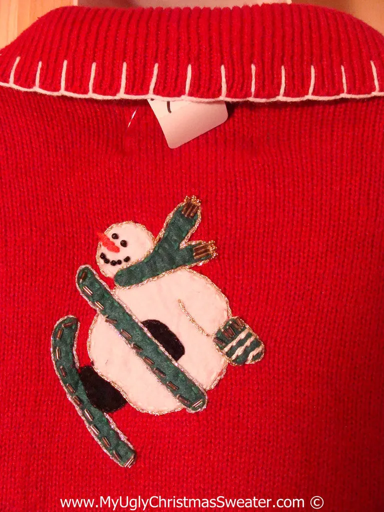 Tacky Ugly Christmas Sweater with Skiing Snowmen and Dangling Pom Pom Zipper Pull (f790)