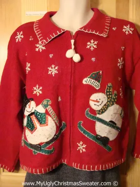 Tacky Ugly Christmas Sweater with Skiing Snowmen and Dangling Pom Pom Zipper Pull (f790)