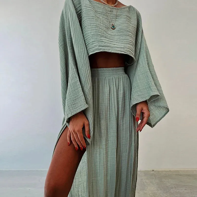 Tanny's Cotton Linen 2 Piece Summer Sets Crop Top High Waist Slit Skirt
