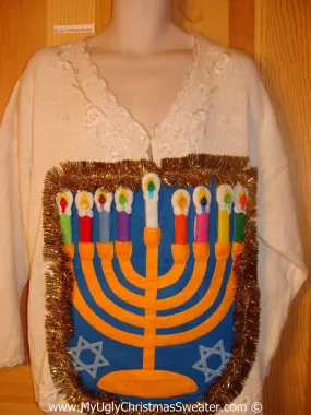 Ugly Christmas Sweater Party Hanukkah Sweater  Menorah (j291)