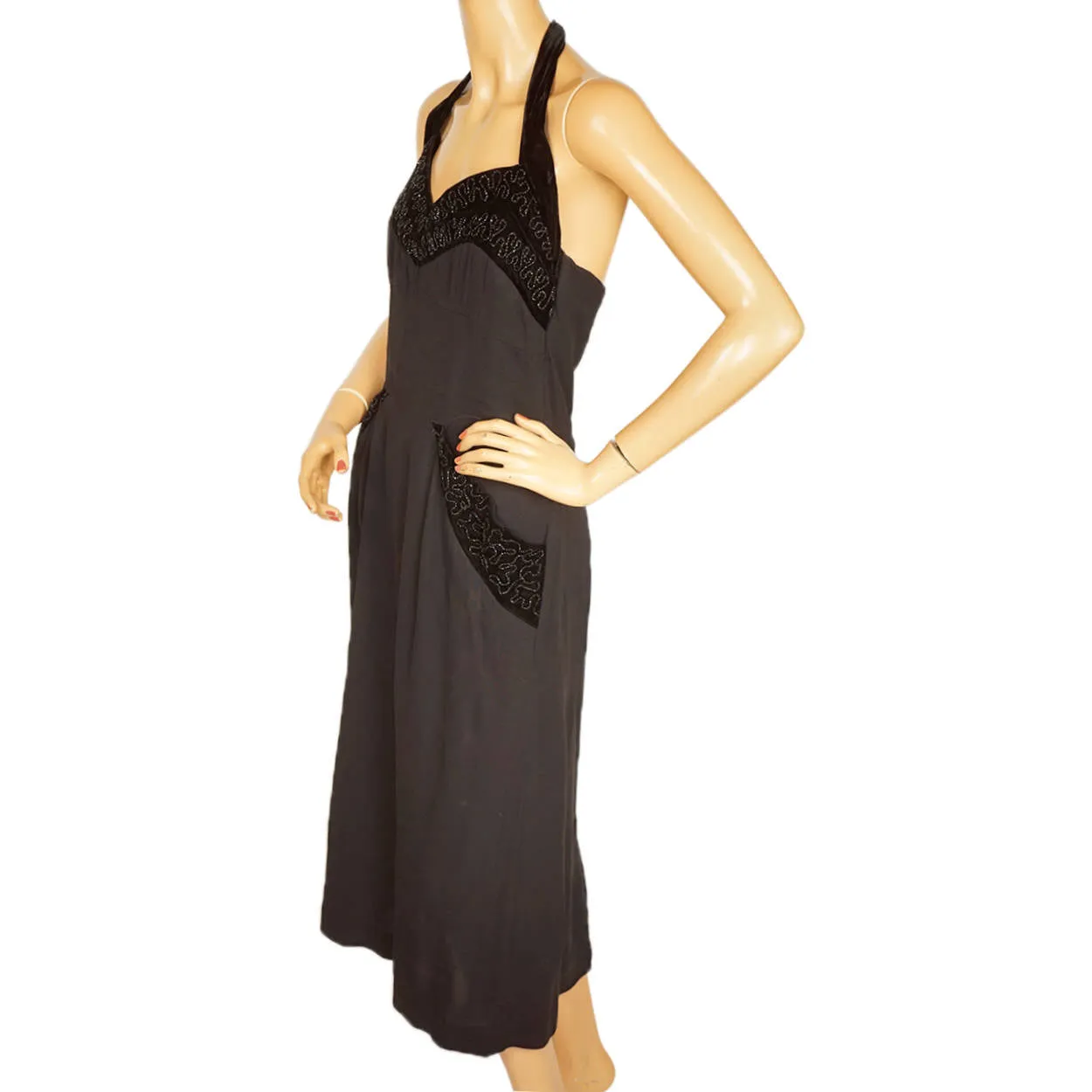 Vintage 1950s Bombshell Halter Dress Black Crepe w Beaded Velvet Size Medium
