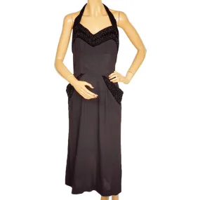 Vintage 1950s Bombshell Halter Dress Black Crepe w Beaded Velvet Size Medium