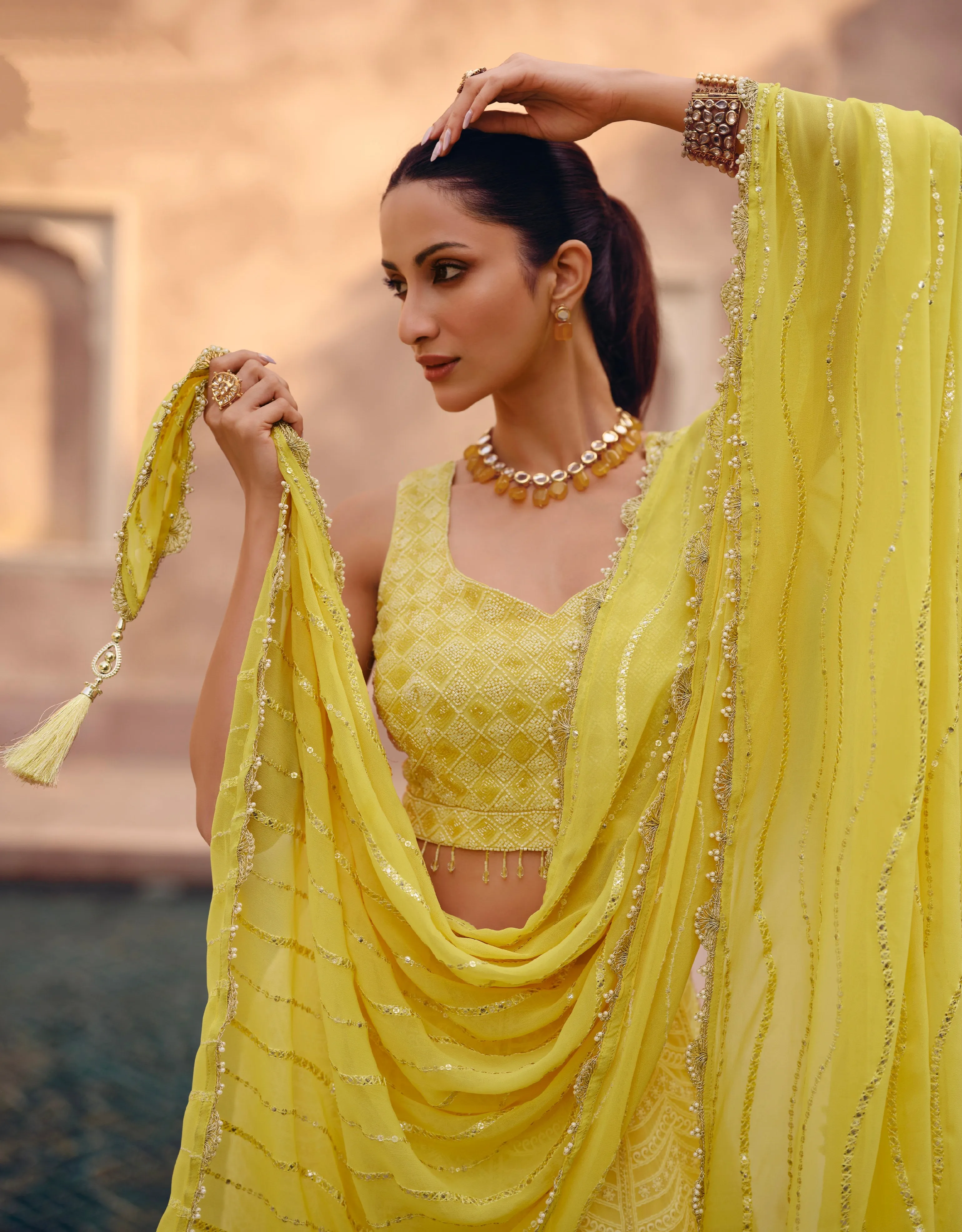 Yellow Embroidered Crop Top and Skirt Lehenga Set
